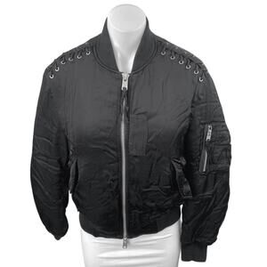 AllSaints Bree Women's Black Laced Up Full Zip Long Sleeve Bomber Coat Jacket M